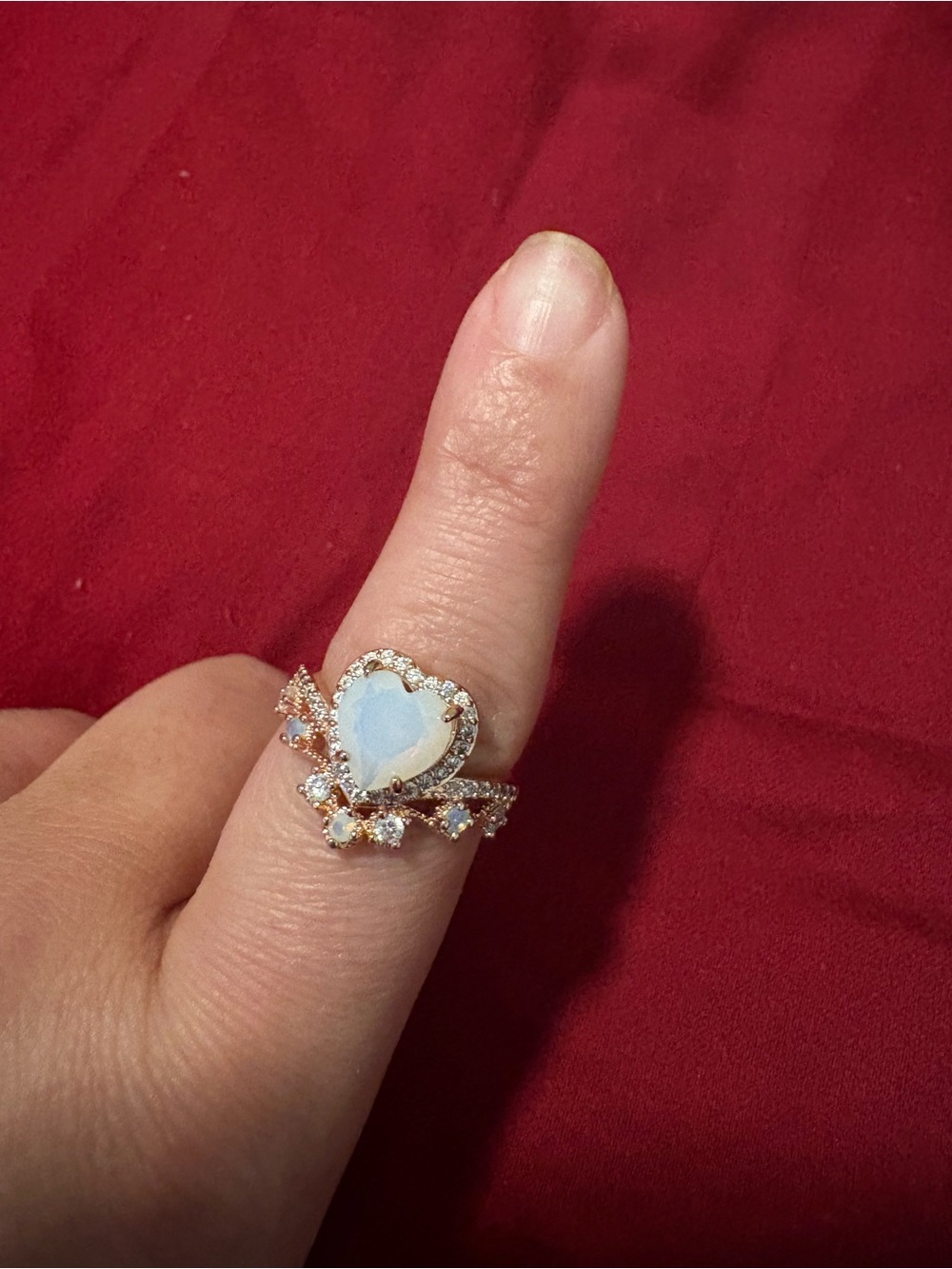 Bomb Party Heart-Shaped Opal Ring Rose Gold with Halo and Accent Stones Size 6